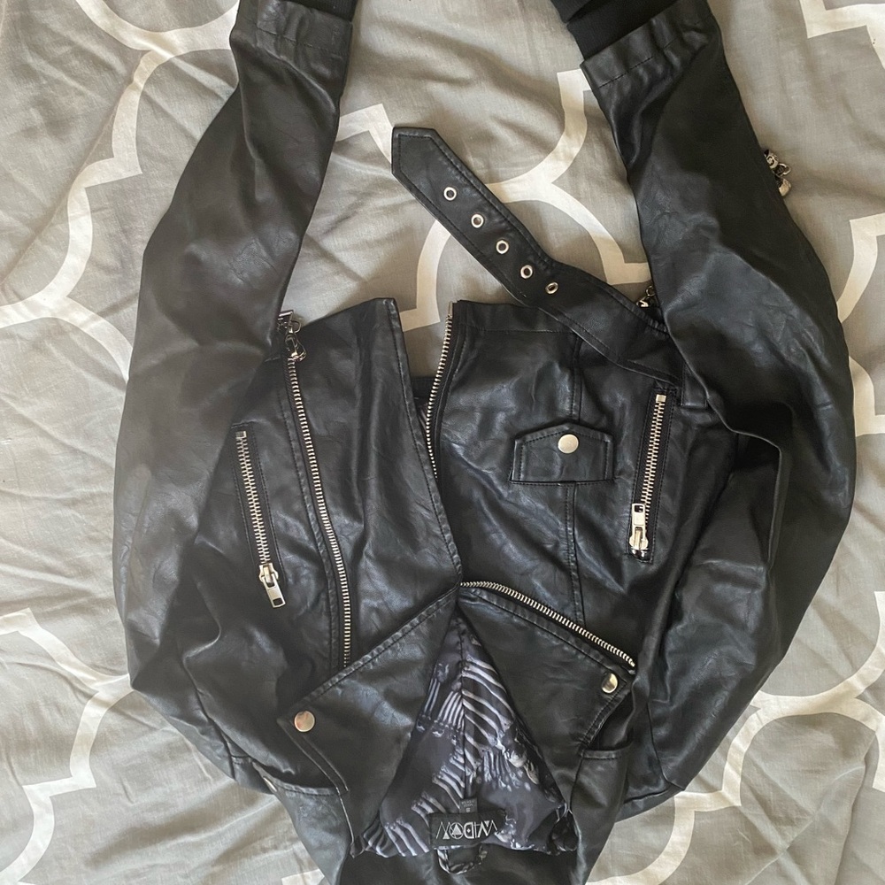 Dolls kill black cropped pleather jacket with skull chain size S